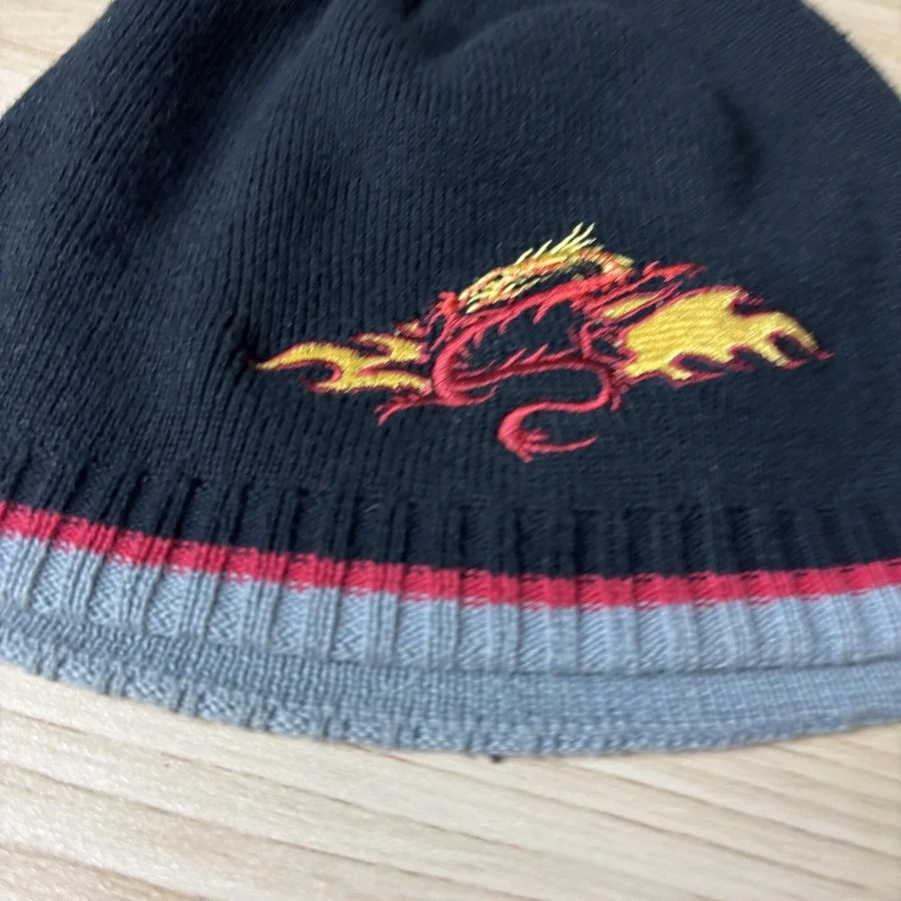 Dragon Hat Beanie Fitted Black Red Gray Embroidered‎ Flames Knit Youth Winter
